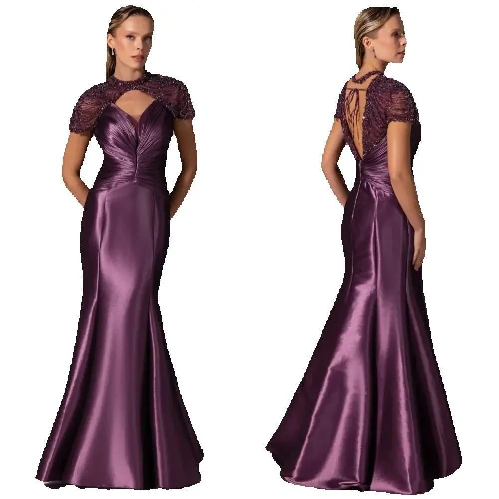 

Customized High Quality Charmeuse Sequined Pleat Trumpet Scoop Neck Long Dresses Bespoke Occasion Sparkle