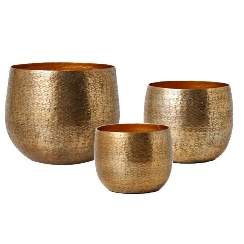 Modern Gold Hammered Metal Flower Pot Round Luxury Desktop Vase Home Living Room Decor Floral Arrangement Craft Planter