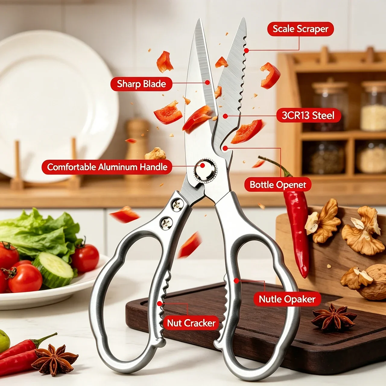 Stainless Steel BBQ Kitchen Shears | Heavy-Duty Multi-Purpose Scissors for Bones & Fish | Built-in Bottle Opener