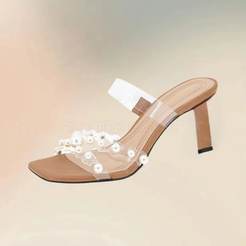 

White Pearl Design PVC Open Toe Slippers Slip On Women Shoes Thin High Heels Novel Party Feast Banquet 2025 Zapatos Para Mujere