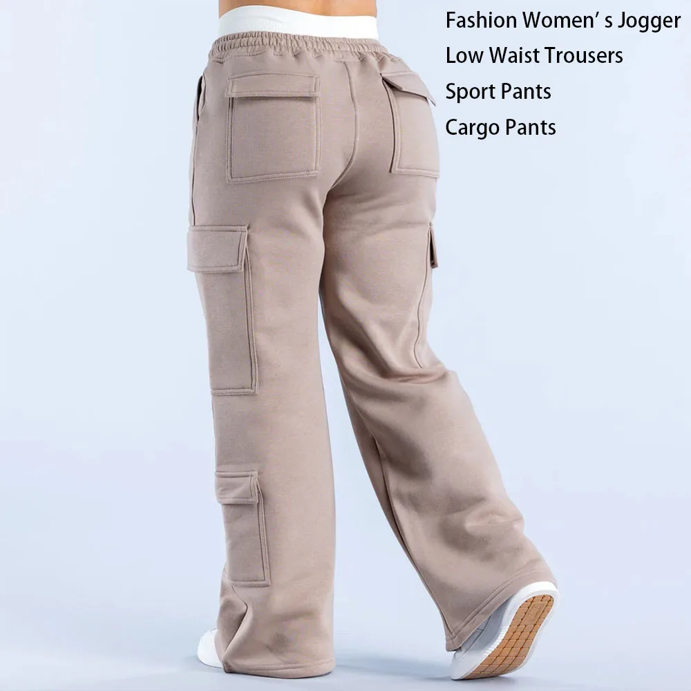 Women Fashion Low Waist Belted Straight Leg Wide Leg Trousers Solid Color Casual Joggers Multiple Pockets American Work Pants