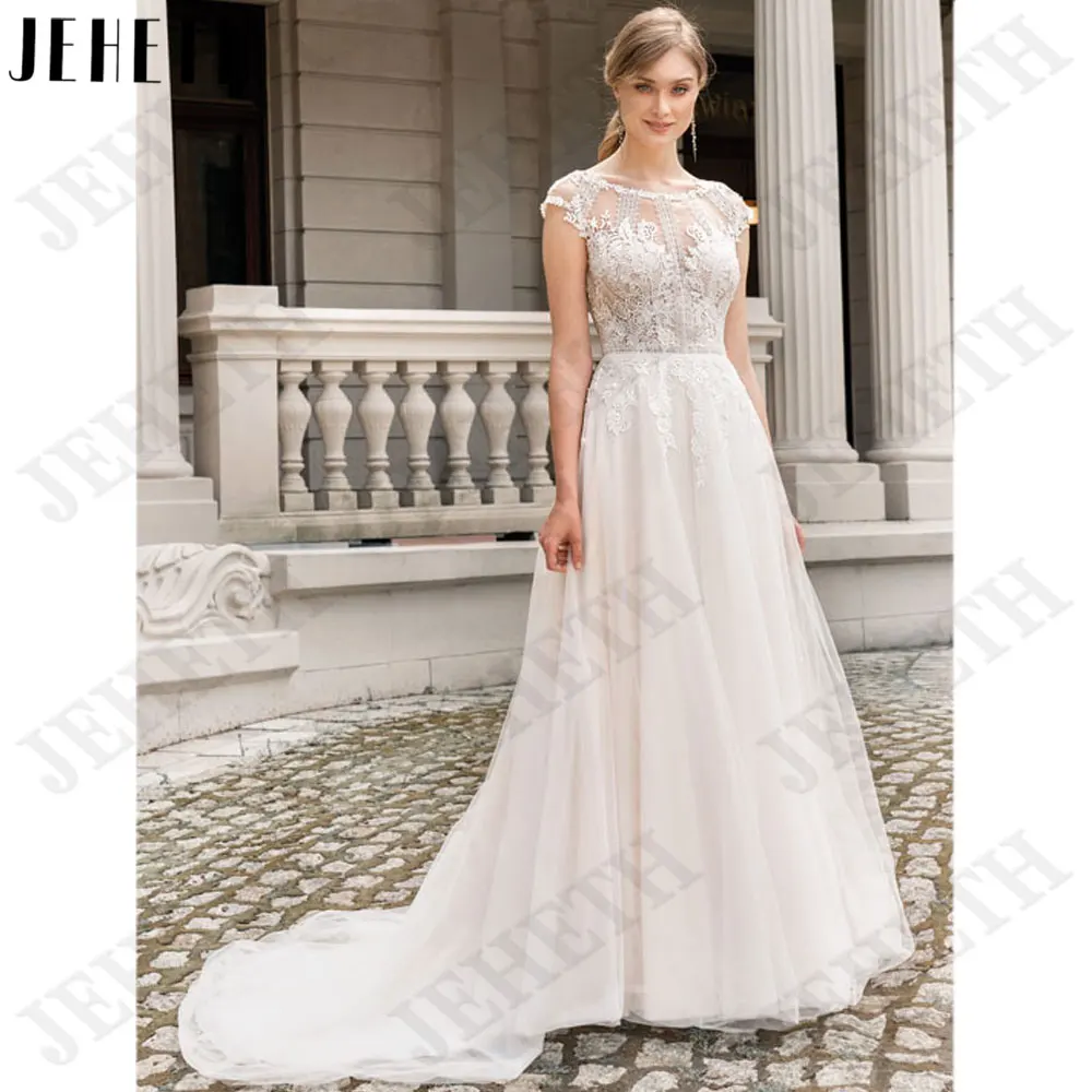 JEHETH-vestido de novia de manga corta con cuello redondo, traje de novia con apliques de encaje, Espalda descubierta, línea A, tul, hecho a medida, 2024JEHETH-vestido de novia de manga corta con cuello redondo, traje