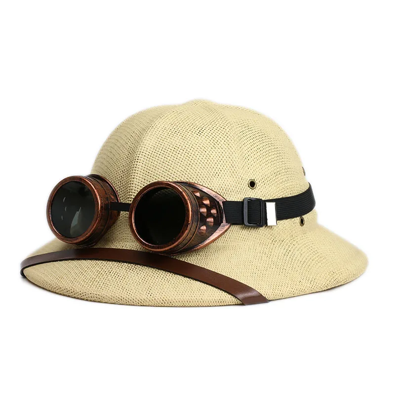 Parent-child Novelty Vietnam War Army Straw Hat Steampunk Helmet Pith Sun Hat Women Men Glasses Safari Jungle Miners Cap