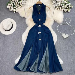 Denim Dress Women Long Dresses Turn Down Collar Sleeveless Party Club Hollow Out Jeans High Waist Slim Single Breasted Vestidos