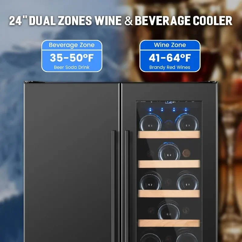 Wine and Beverage Refrigerator, 24inch Dual Zone Wine Cooler, 20Bottles 88Cans Undercounter Black Beverage Fridge