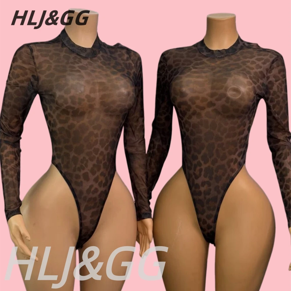 HLJ&GG Women Leopard Print Sheer Mesh Bodysuit Sexy Round Neck Long Sleeve High Cut Bodycon Rompers Lady Clubwear Overalls 2026