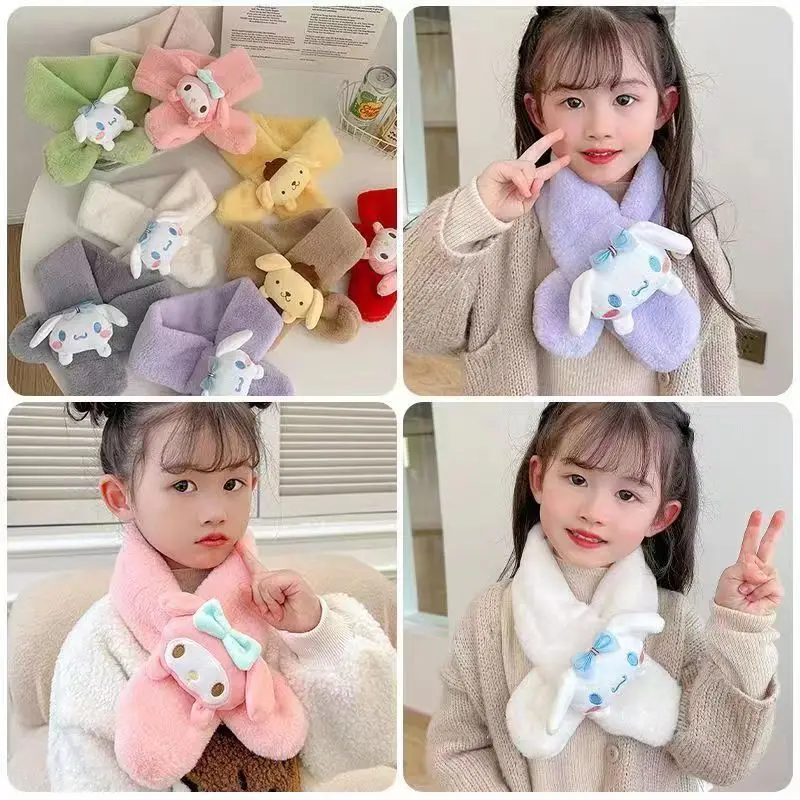 Miniso Sanrio Kuromi Plush Scarf Cartoon Cinnamoroll Melody Pompompurin Soft Girl Plushie Thickened Kid Scarves Christmas Gift ﻿