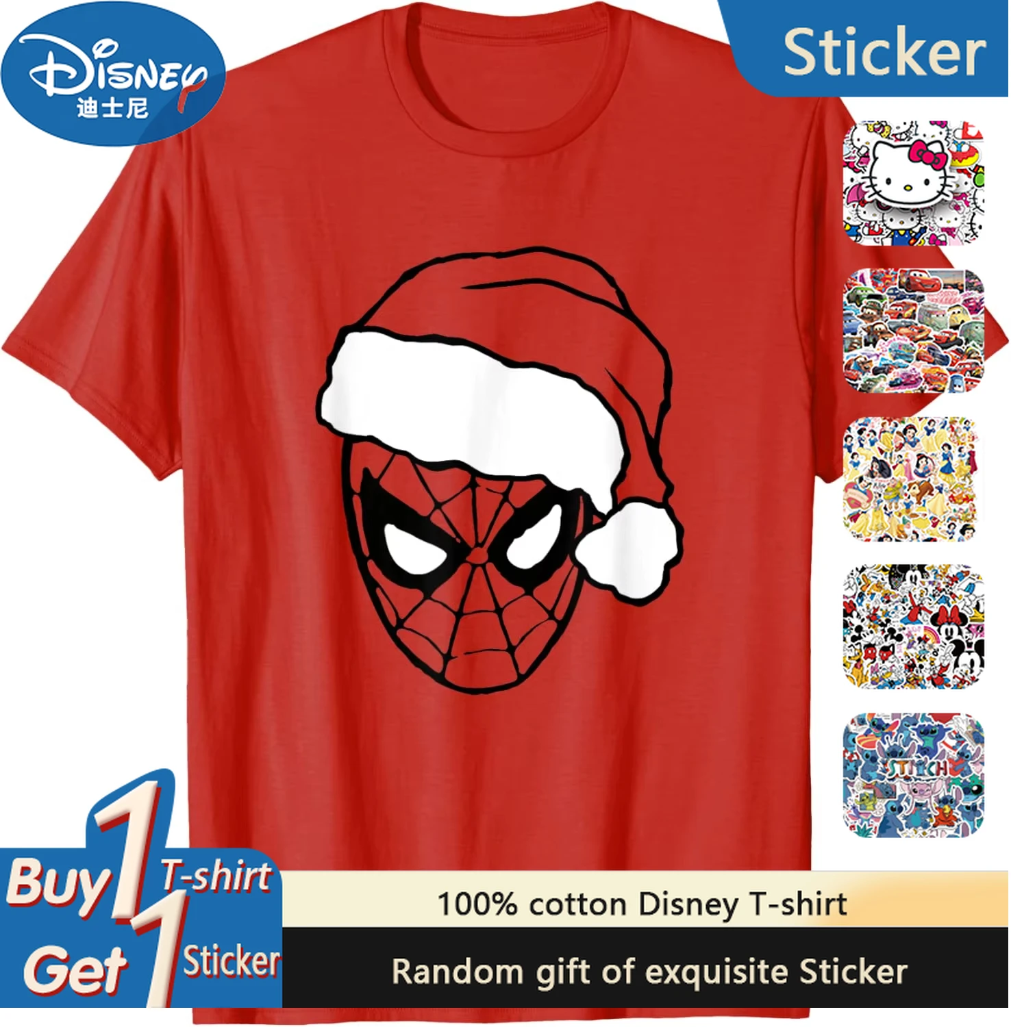 

Disney 2025 Summer New Spider-Man Santa Face Print Short-sleeved T-shirt Boys and Girls Street Cotton Skin-friendly Top