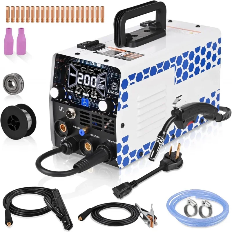 200Amp MIG Welder 120V 240V 5 in 1 Welding Machine, Multiprocess for Gasless Flux Core MIG Welder/Gas MIG/Lift TIG/Stick/Spot