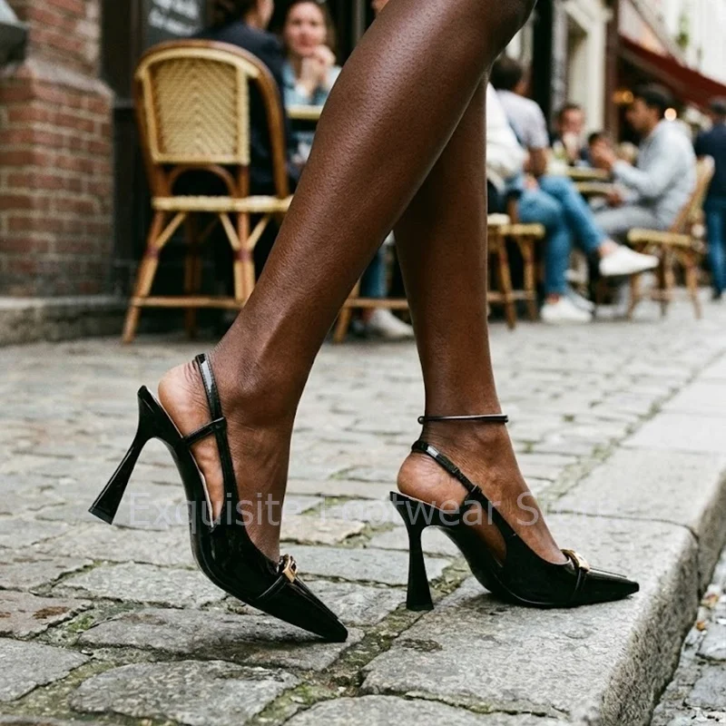 Sexy Elegant Slingback Metal Buckle Pointed Toe Wedding Evening Party Stiletto Ultra High Heels Non-slip Soft Leather Plus Size