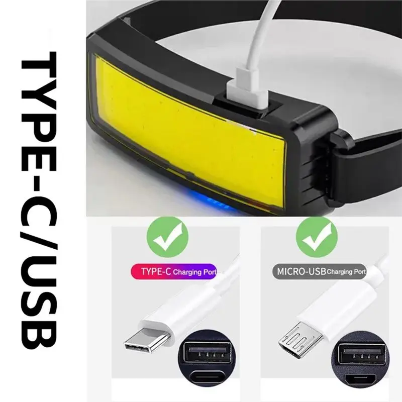 ABRU-Waterproof Outdoor Camping Lantern COB Headlamp Type-C/USB Rechargeable Head Flashlight Built-In Battery Torch