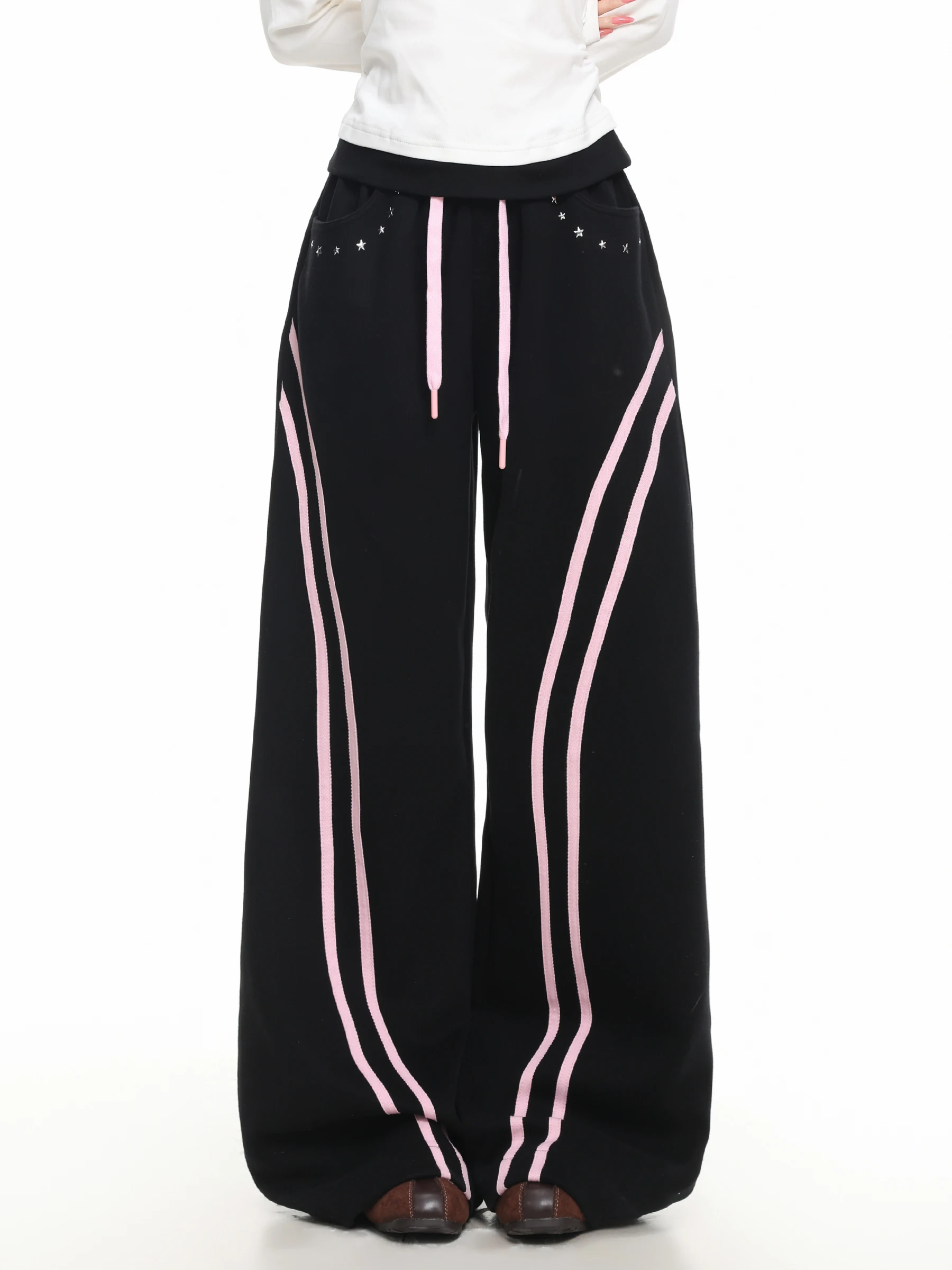 High Waist Striped Casual Pants Women's Loose Straight Sporty Pants Slimming Versatile Long Trousers Color Block Design