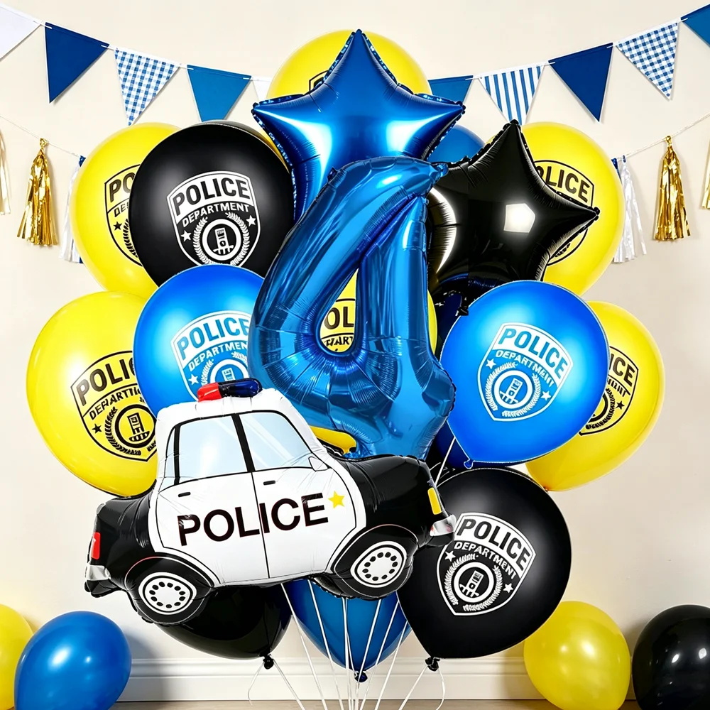 Polizei-Thema Geburtstagsballon-Set Polizeiauto Folienballon Blauer Zahlenballon-Kit Gelbe Schwarze Latexballons für 1-9. Geburtstag