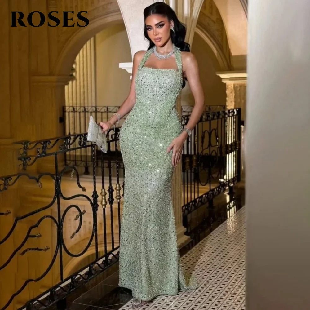 

ROSES Glitter Mint Green Evening Gown Halter Sequin Prom Dress Trumpet Sleeveless Wedding Party Dress robes de soirée Customized