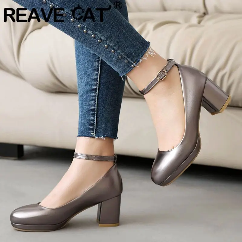 REAVE CAT Female Pumps 30 31 Round Toe Block Heels 6cm Platform 2cm Buckle Strap Big Size 43 Elegant Party Shoes Spring