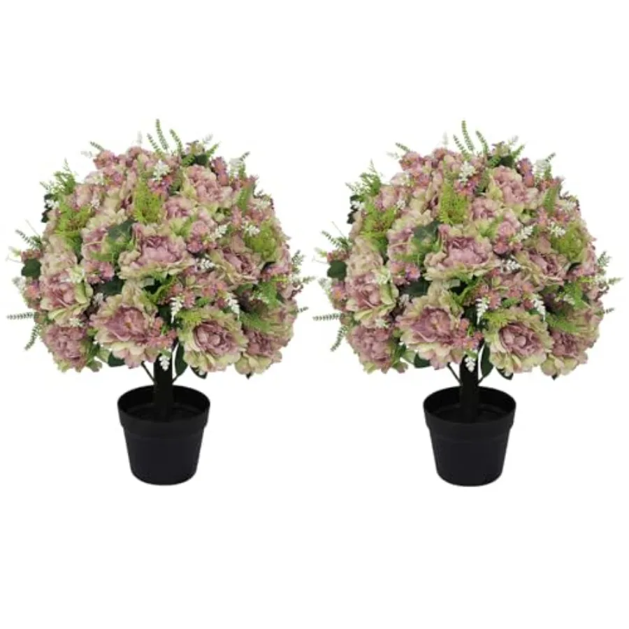 

24 Artificial Flowers for Outdoors: Realistic Faux Purple Peonies in Cement Pots, UV Resistant, Ideal for Front Porch, Entryway