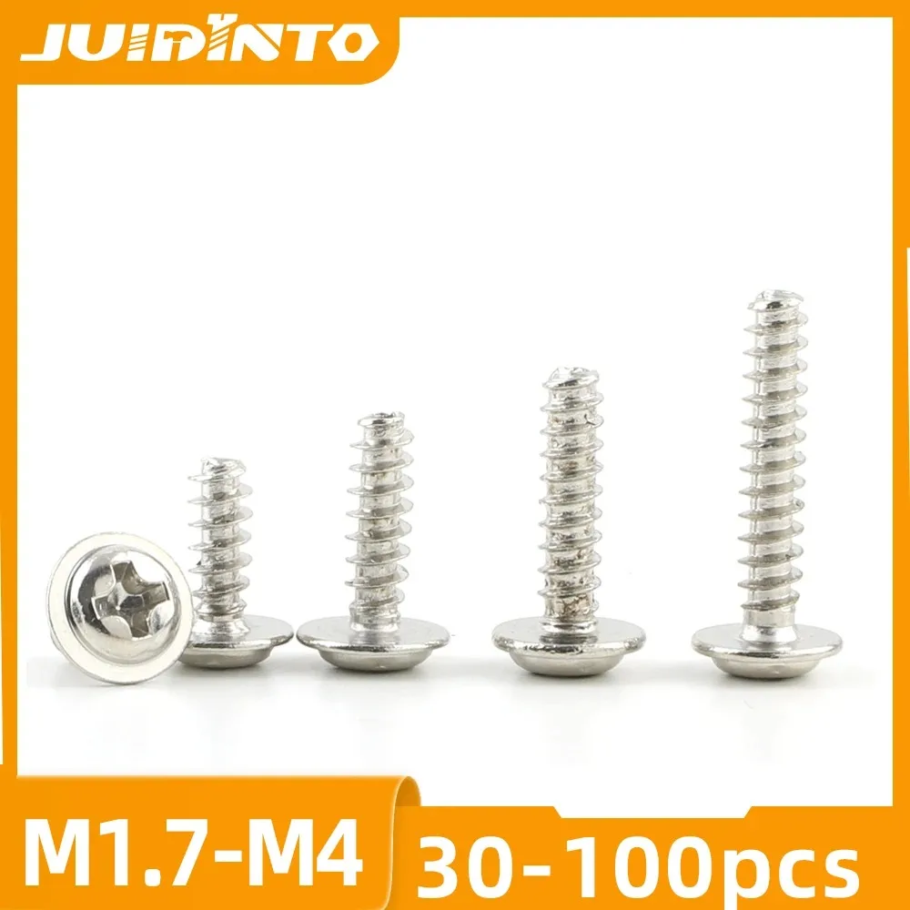 JUIDINTO 40-100pcs/bag Nickel Plated Phillips Pan Head Flat Tail Self Tapping Screws with Washer M1.4-M4 Cross PCB PWB Fasteners