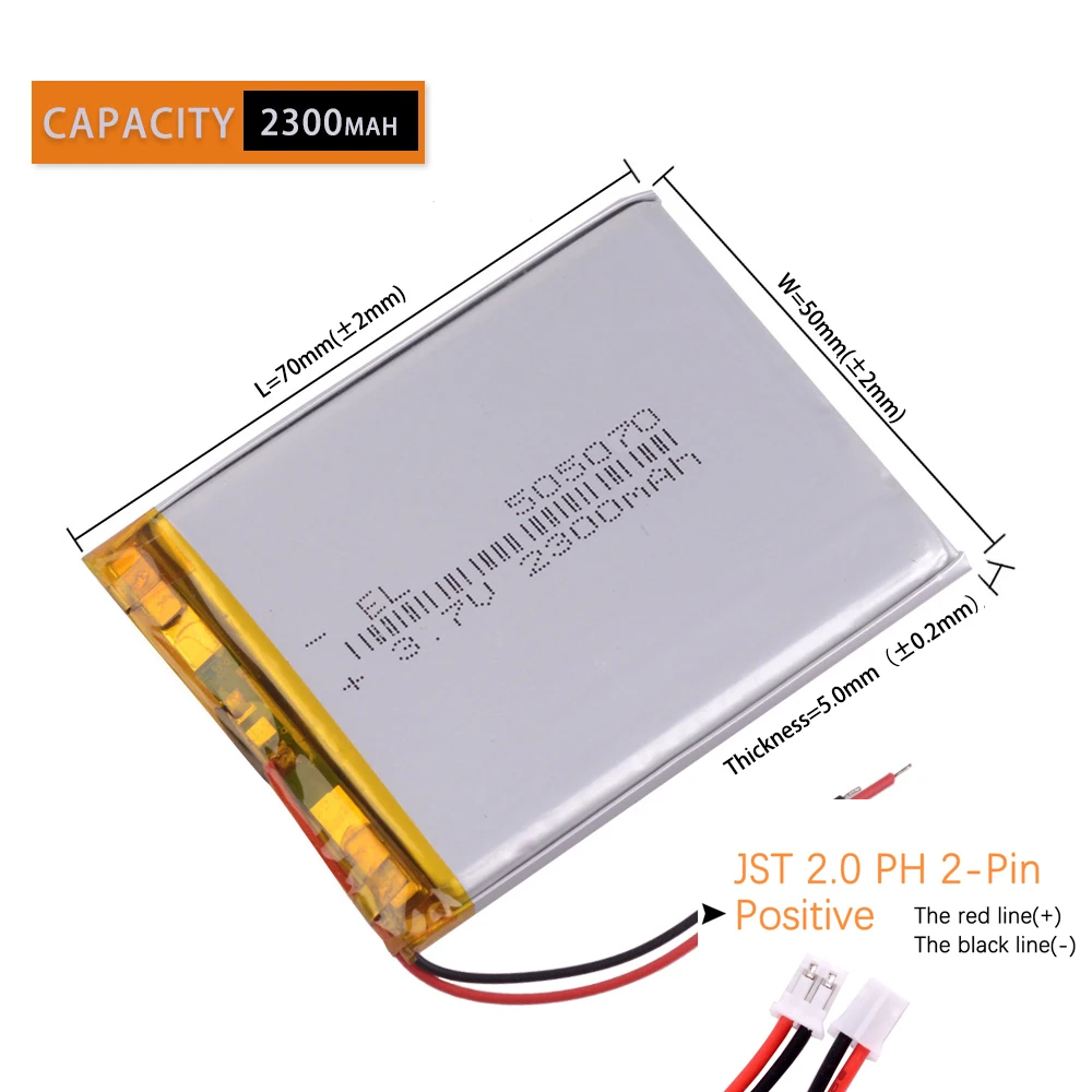 JST2.0mm 2Pin 3.7V 505070 2300mAh Lithium Li-ion Polymer Battery 505068 305070 405070 605070 705070 805070 905070 105070