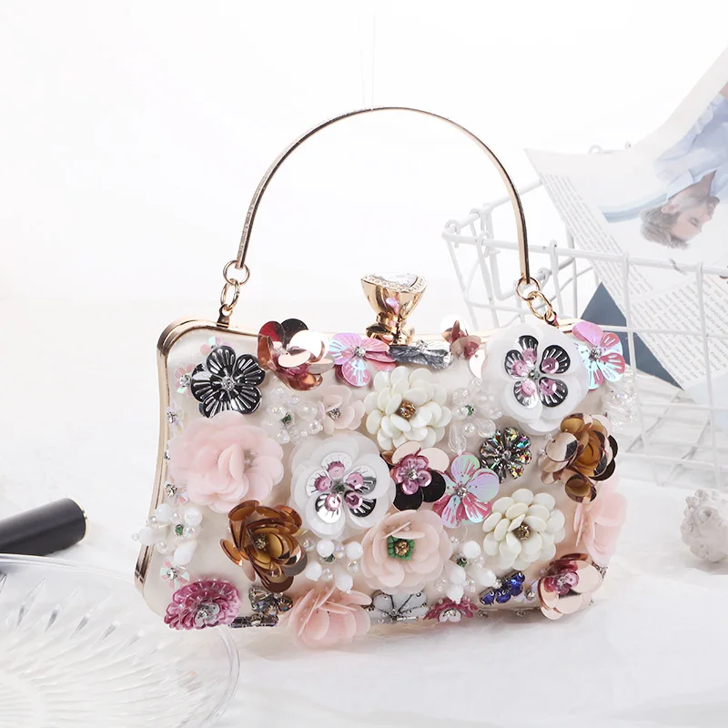 Fashion Women Flower Evening Handbag Chain Strap Shoulder Bag Multicolored handmade party clutch purse for wedding beaded bags