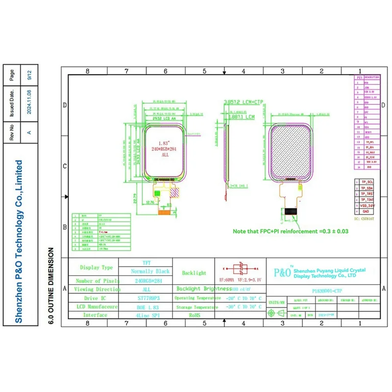 

New!!1.83 Inch 240X 284 Display Screen 1.83 Inch Capacitive Touch Screen ST7789P3 Driver IC Display Screen