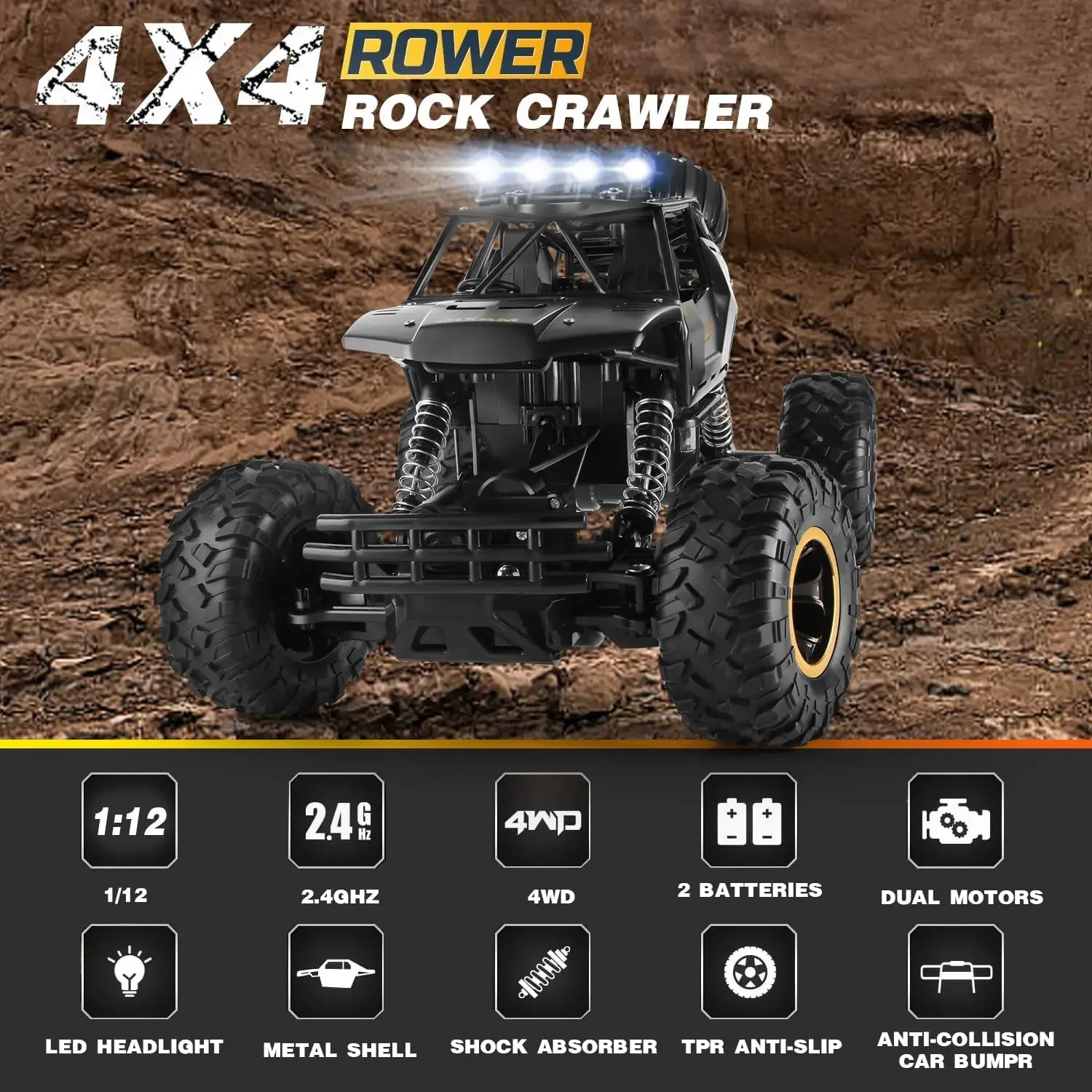 4WD RC Car 1:12 Off Road 4x4 Remote Control Cars Radio Buggy Truck Racing Drift with Led Lights Toys Gift for Boys Girl Children