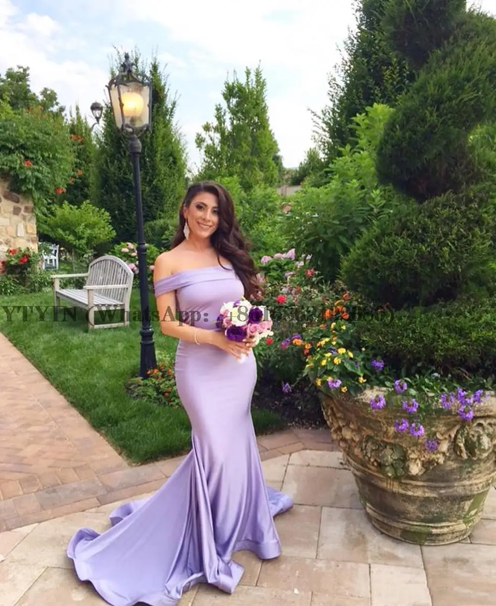 

Lavender Mermaid Bridesmaid Dresses Off The Shoulder Sweep Train Garden Wedding Guest Prom Gowns