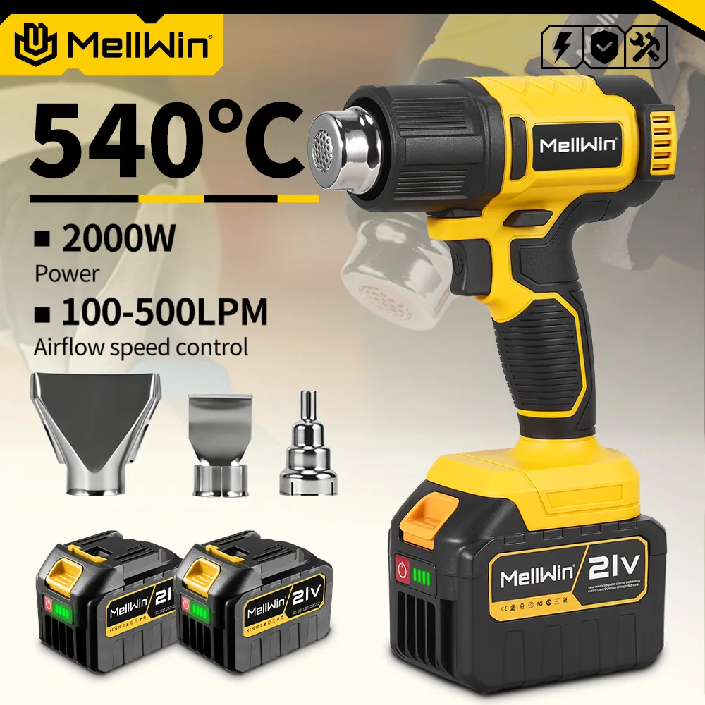 MELLWIN Cordless Electric Heat Gun 540°C 25 Gears Handheld Hot Air Blower Gun Home Welding Tool for Makita 18V Battery Pin
