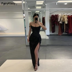 FairyKissy Black Prom Dress Princess Off Shoulder فستان سهرة Sexy Side Slit Party Dress Glitter Evening Dress