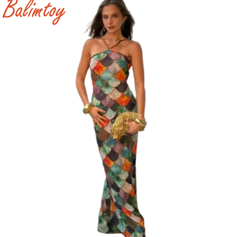 

Summer Women's Elegant Halter Neck Dress Sleeveless Fish Scale Print A-Line Flowy Beachwear Cocktail Bohemian Dress