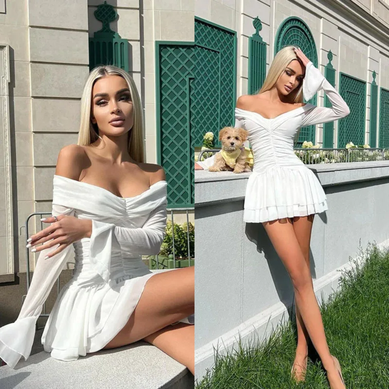 

Sexy Solid A Line Mini Dress For Women Slim Fit Off Shoulder Slash Neck Long Sleeve Party Streetwear Elegant Vestidos Robes New
