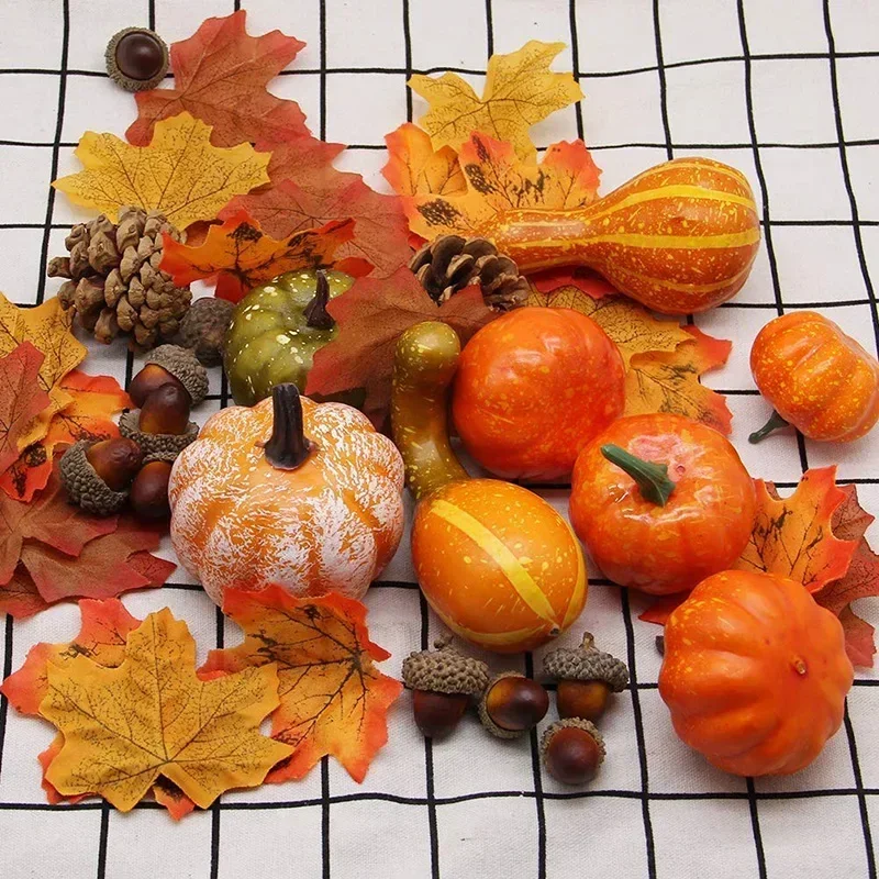 50pcs/lot Simulation Pumpkin Golden Autumn Mini Pumpkin Halloween Pumpkin Thanksgiving Decorative Pumpkin Pine Cones Acorns Prop