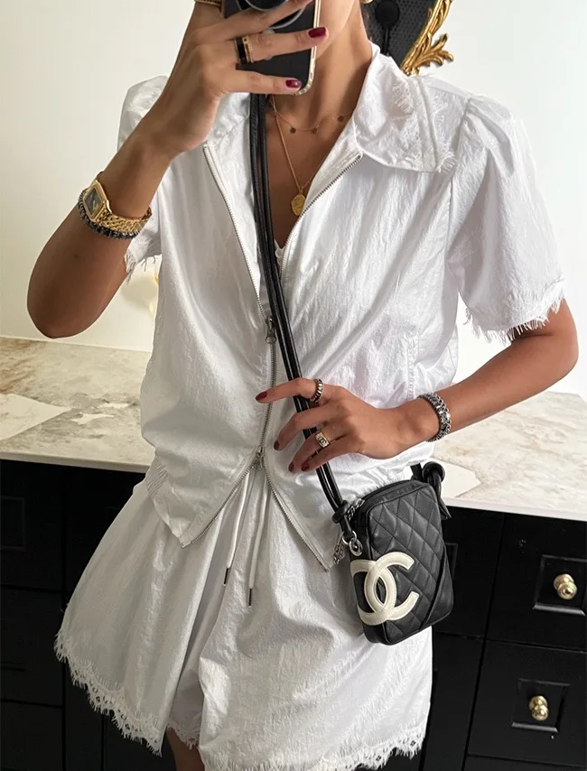 

Summer Outfit Zipper Jacket Lace Shorts Set Dongda Gate Women's Fashion Commute Style Slim Fit Short Sleeve Neck Pure Color