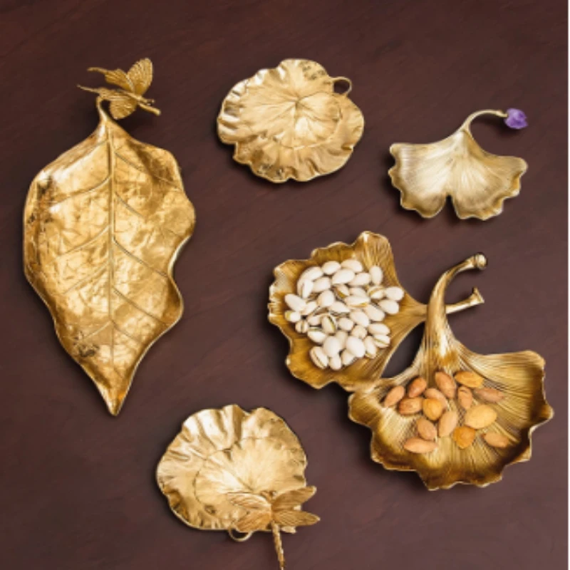 Retro Vintage Brass Serving Tray Decorative Nordic Gold Fruit Plate Living Room Luxury Home Decor Organizer Storage Tray
