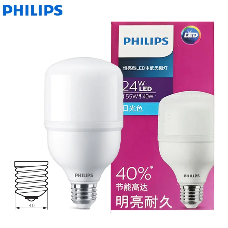 

Светодиодная лампа Philips TrueForce Core LED E27 24W, Т-образная, 6500K, белый свет, 220-240В AC, яркая, для складских и дорожных светильников