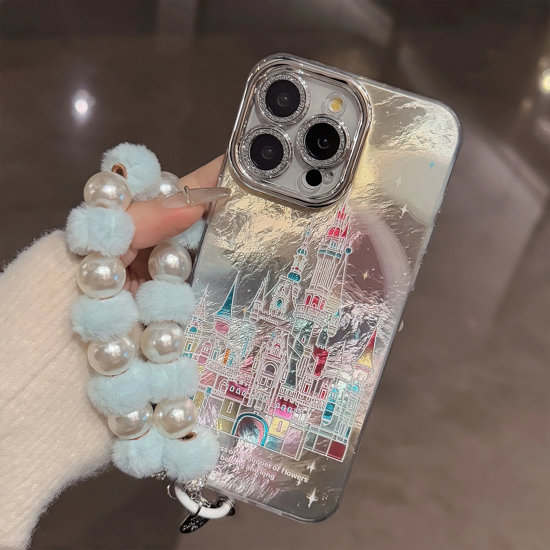 Bunte Schloss-Handyhülle mit Umhängeband für iPhone 17, 16, 15, 14, 13, 12, Pro Max X XR XS 8 7 Plus, glitzernde Linsenfolie, stoßfeste Abdeckung