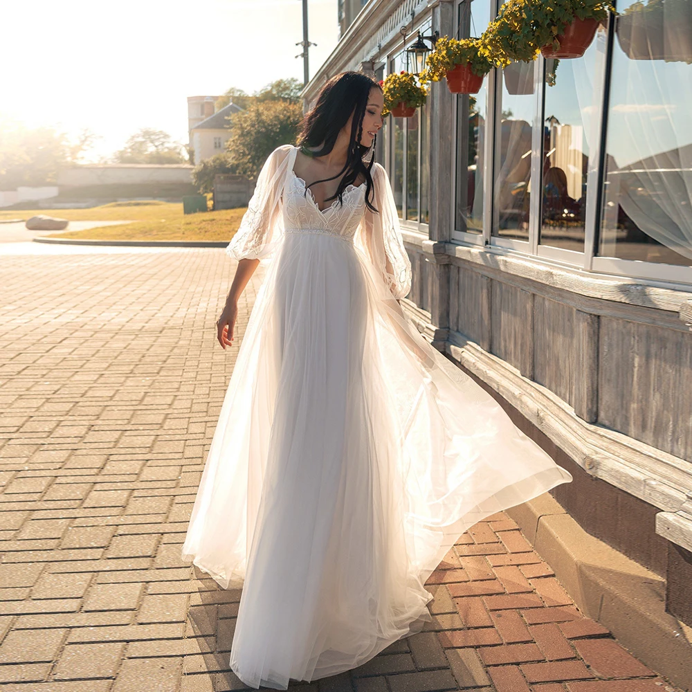 Semplici abiti da sposa a-line bianchi con scollo a V 3/4 maniche Tulle da sposa Growns Appliques cerniera posteriore lunghezza del pavimento Vestidos De Novia