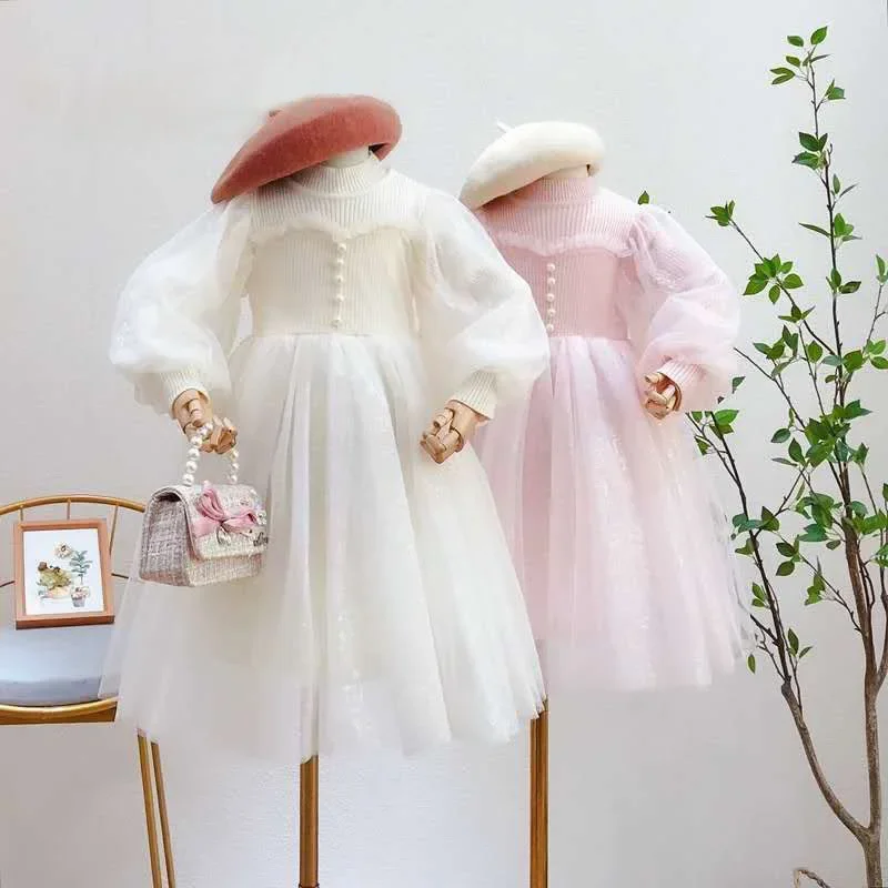 

Autumn and Winter Clothing New Children's Clothing Girls' Korean Mesh Lantern Sleeve Spliced Princess Dress Children's Western S
