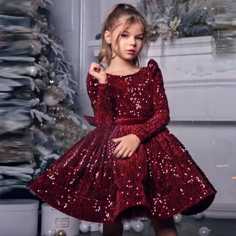 Baby Girl Princess Christmas Sequin Dress Long Sleeve Infant Toddler Child Bow Vintage Winter Evening Gown Baby Clothes 12M-12Y