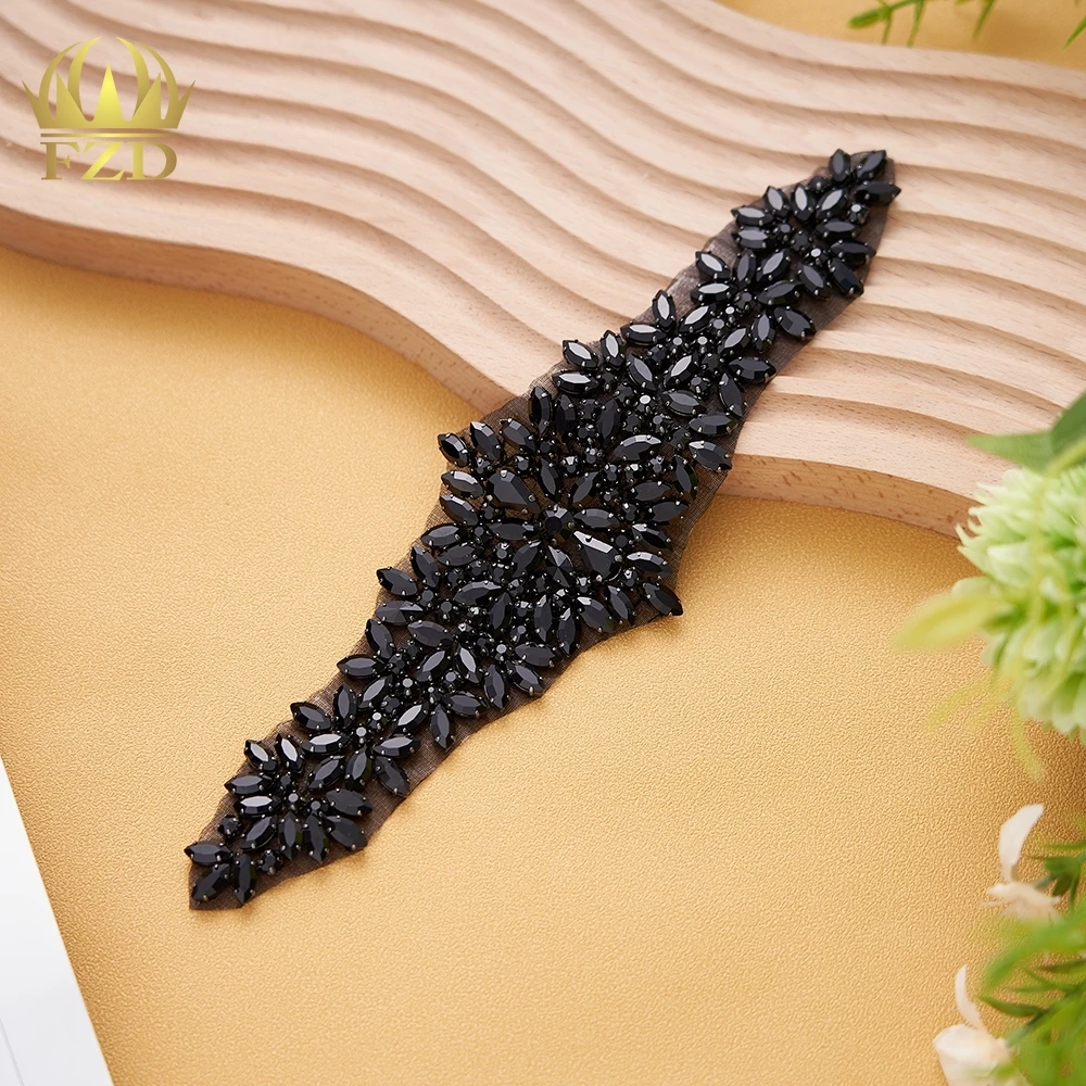 1 PC Sew on All Black Applique Rhinestone for Wedding Belt Pearl Flatback Patch Crystals Iron on Glass for Bridal Headband Trim