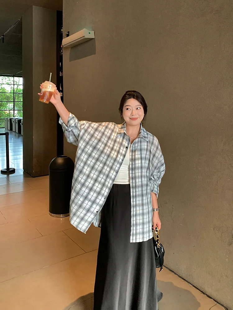 

Lin Da Hui Women's Summer New plus Size Plaid Sun Protection irt Thin Loose Versatile Outerwear Casual Collar Long Sve