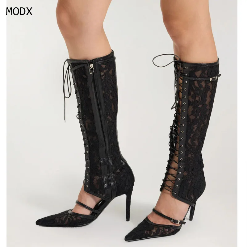 Women Black Floral Lace Mesh Knee High Gladiator Boots, Side Cross Lace Up Metal Eyelet Pointed Toe Ankle Strap Boots 44