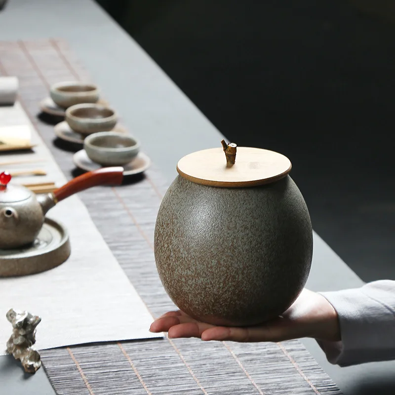 Bamboo Lid Stoneware Tea Tins Sealed Cans Large and Small Tea Package Box Ceramic Pu'er Pot Box Container