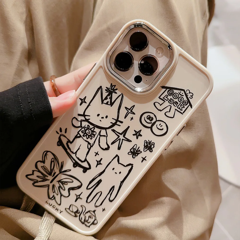 Funny Cute Cartoon Sketch Cat Soft Phone Cover Case for iPhone 16 15 14 13 12 11 Pro Max Plus X XS XR image 5