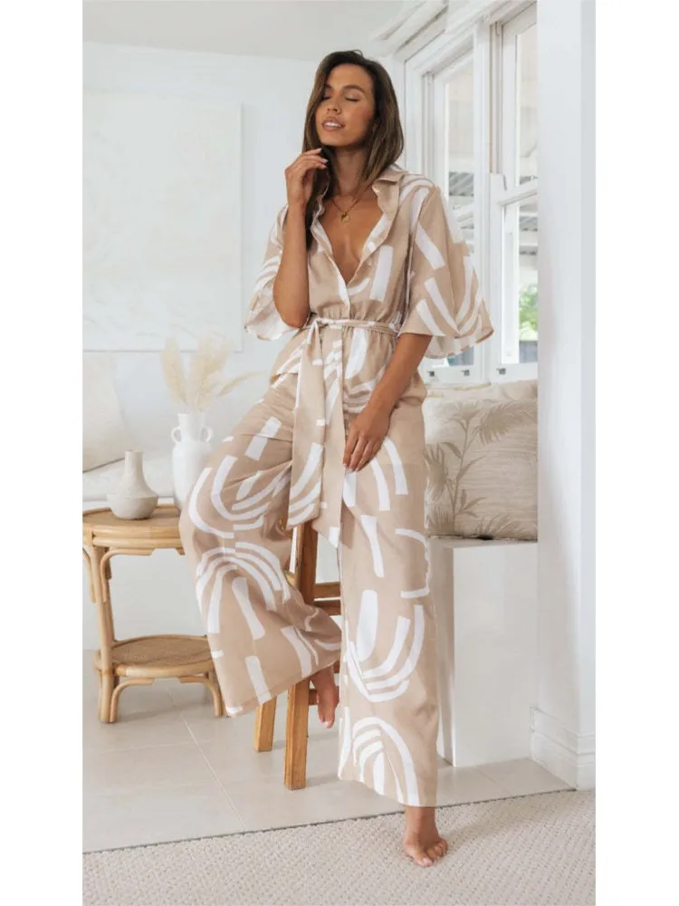 Summer Print New Jumpsuit Women Fashion Lace Up Office Lady Rompers Elegant Wide Legs One Piece Trousers Casual Overalls 2024