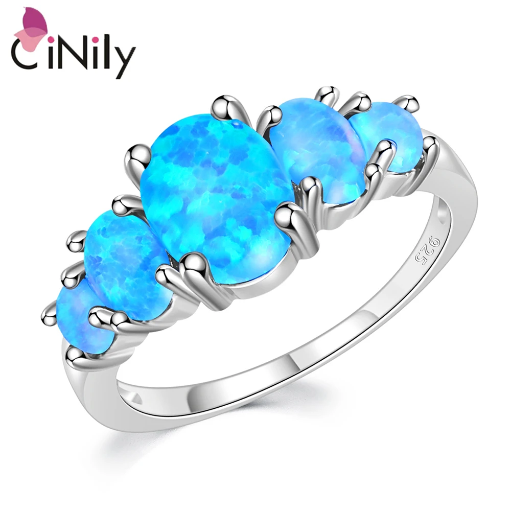 CiNily Authentic Artificial Created Blue Opal 925 Sterling Silver Rings for Women Party Gift Fine Jewelry Ring Size 7-8 SR003