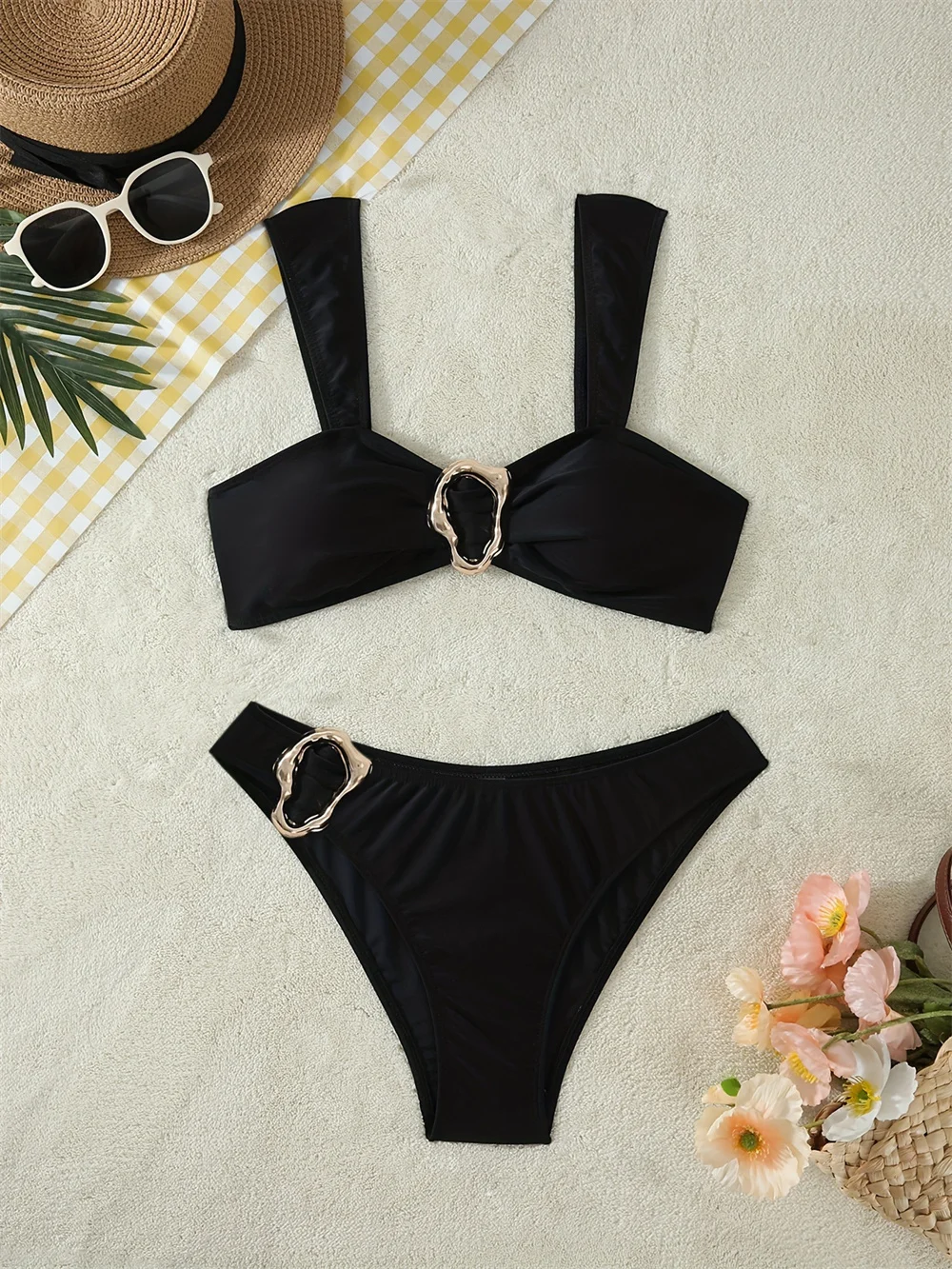 

Solid Metal Trim Bikini Black Swimsuit Women Backless Swimwears Thong Wide Straps Vacation Outfits Bathing Suit Swimming Bikinis