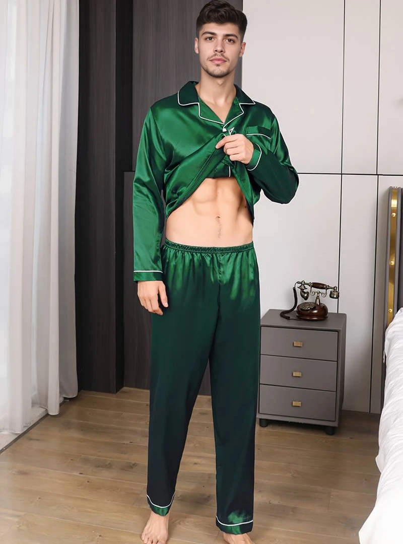 Herren-Pyjama-Set aus Satin, einfarbig, kurzärmelig, Revers-Oberteil und elastische Hose, glatte, glänzende Textur, bequem, entspannt für Loungewear – Detail 14
