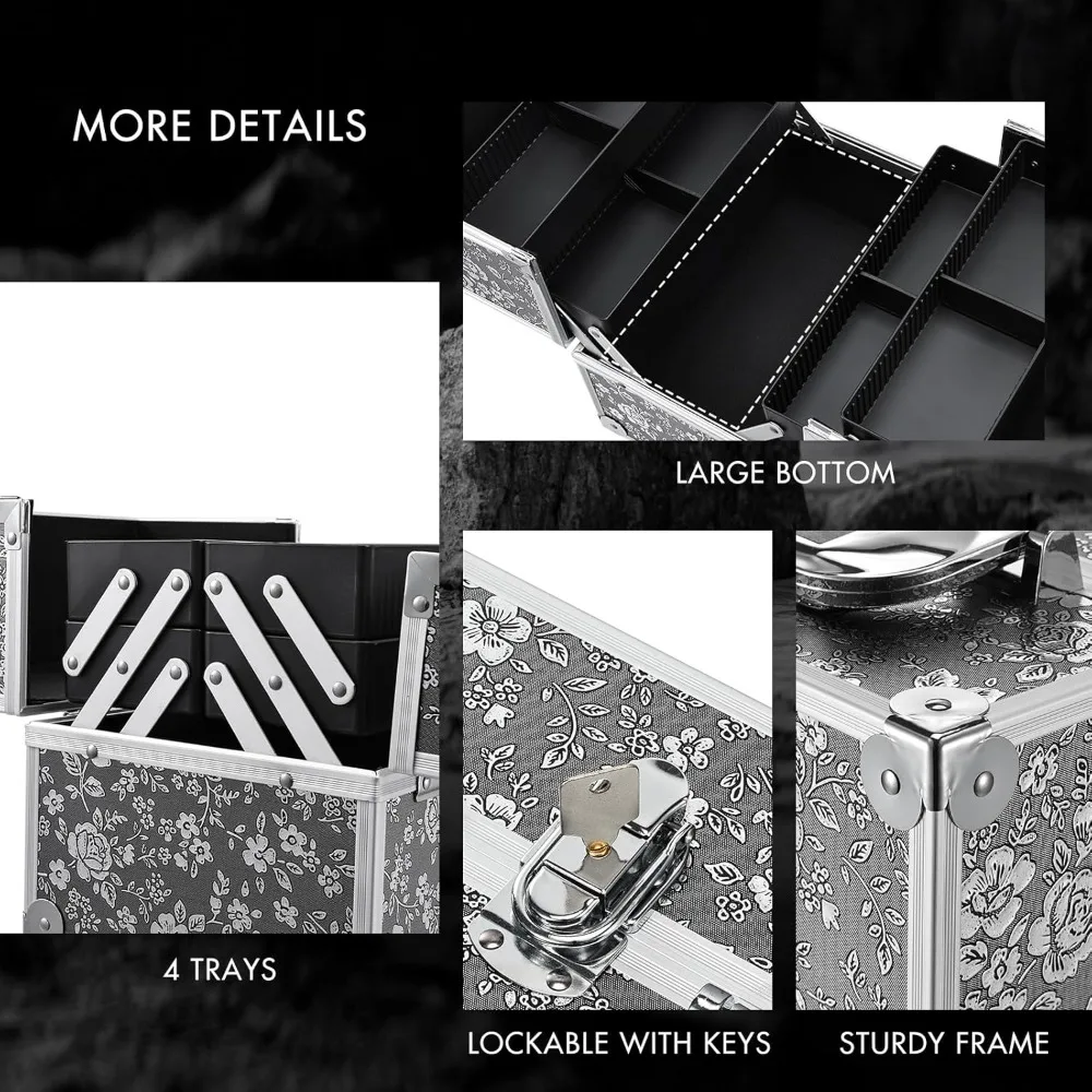 Portable Lockable Makeup Case with 4 Trays, Dividers & Spacious Storage - Silver Floral Design for Travel & Daily Use