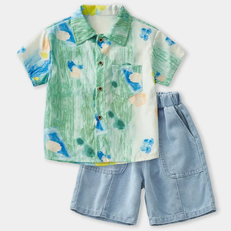 

2Piece Summer Toddler Boy Outfits Korean Kids Clothes Fashion Print Short Sleeve Tops+Denim Shorts Baby Boutique Clothing B127