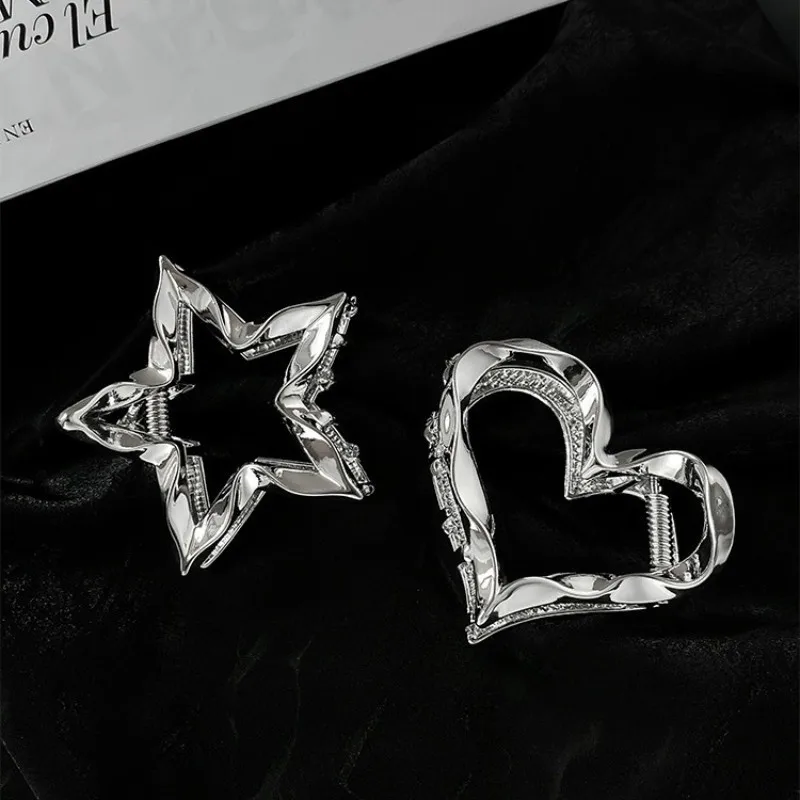 Y2K Metal Silver Star Hair Claw Clip for Women Korean Simple Love Heart Pentagram Shark Clip Girl Hair Accessories